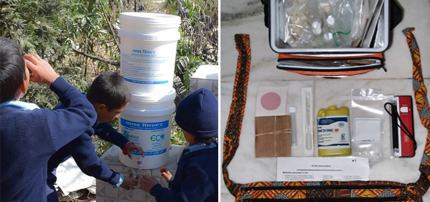This wearable water quality test kit (early prototype pictured at left) provides a simple, accessible way to test the presence of E. coli in drinking water. A J-WAFS Solutions grant will enable an MIT research team to develop a regionally-appropriate commercialization strategy to ensure that these test kits can be accessible to rural and urban communities in Nepal as well as the other areas in South Asia that face the risk of water-related diseases from unsafe drinking water. Photo: Susan Murcott/MIT D-Lab