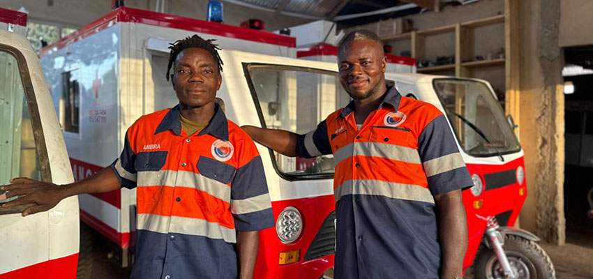 Moving Health’s team includes Ghanaian engineers, directors, and riders. Each ambulance is locally made and maintained. Credits: Credit: Courtesy of Moving Health 