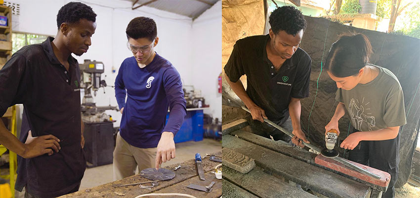 Left: Eric works with Baraka from Green Venture to design a fan blade attachment for their sander. Right: Faith Victoria participates in the sanding and joining stage of the Green Venture furniture manufacturing process. Photo: Courtesy MIT D-Lab