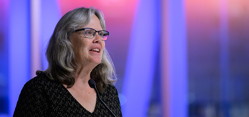 MIT D-Lab Founding Director Amy Smith delivering the keynote address at the 2025 IDEAS Social Innovation Challenge showcase and awards ceremony. Photo: Courtesy MIT Priscilla King Gray Public Service Center
