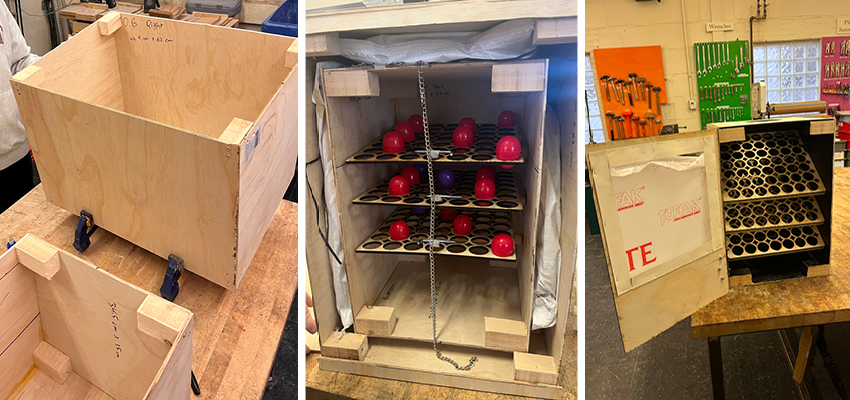 Left: Inner and outer boxes for the incubator. Center: Inside of an early incubator prototype. Key features: polypropylene bags of straw for insulation, three shelves, chain connecting the shelves. Right: Inner box of the incubator with the door open, showing the capacity of the three shelves and the 45° tilt. Photos: Courtesy MIT D-Lab