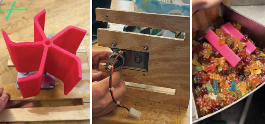 Left: 5 spoke water wheel. Center: Back view of motorized mixer. Right: Motorized mixer inside metal prototype. Photos: Courtesy MIT D-Lab