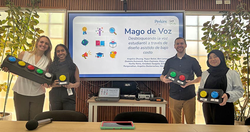 Final presentation to the UADY university students. Macy Lehrer, Deeksha Kumaresh, Ben Lanava, Nurilly Rania binti Jusly are pictured from left to right. Our student team is holding parts of our one-module and multiple-module Bluetooth devices. Photo: Eishna Ranganathan 
