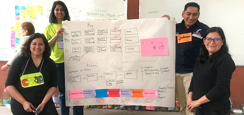 Four people holding up a poster-size piece of paper with a Spanish-language value chain sketched ou.
