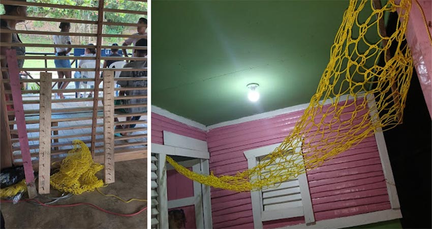 Left: a loom on the ground. Right: a yellow net strung across a pink room.