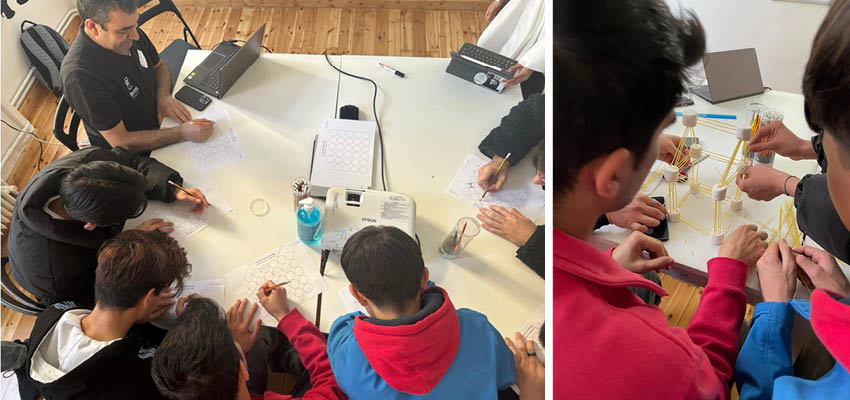 Left: 5 people around a white table. Right: 2 people building a small structure with sticks.