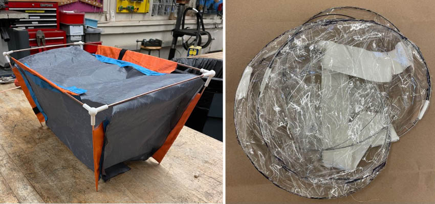 A cloth covered box frame on a table (left) and folded disk of clear plastic (right)