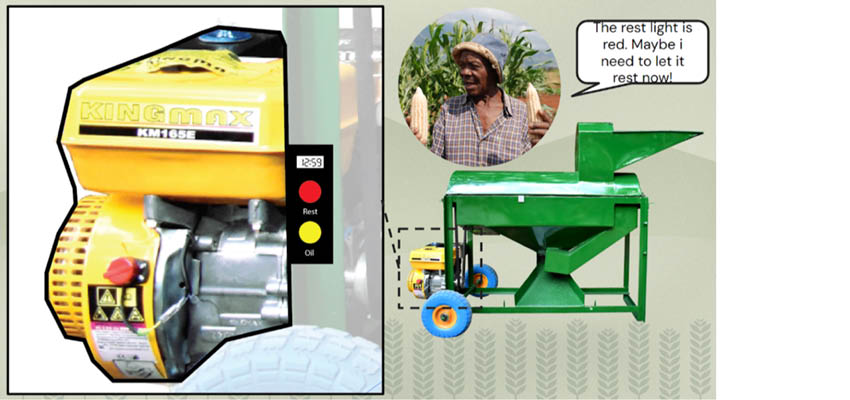 Left: a picture of a mechanical thresher. Right: A graphic of a person with a speech bubble saying, "The rest light is red. Maybe I need to let it rest now."